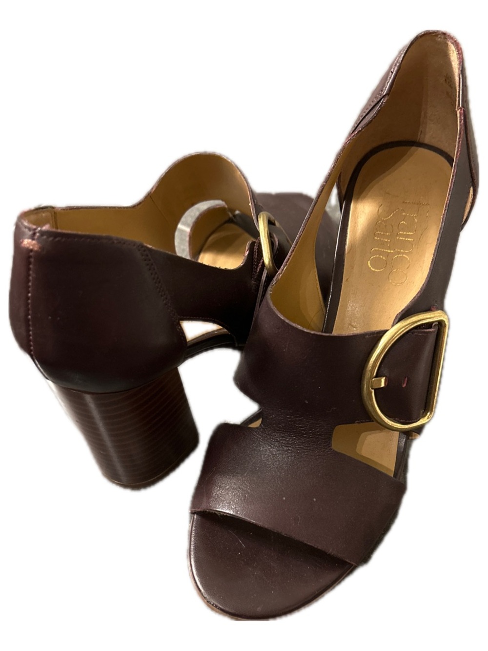 Franco Sarto Dark Brown Leather Block Heel Sandals with Gold Buckle